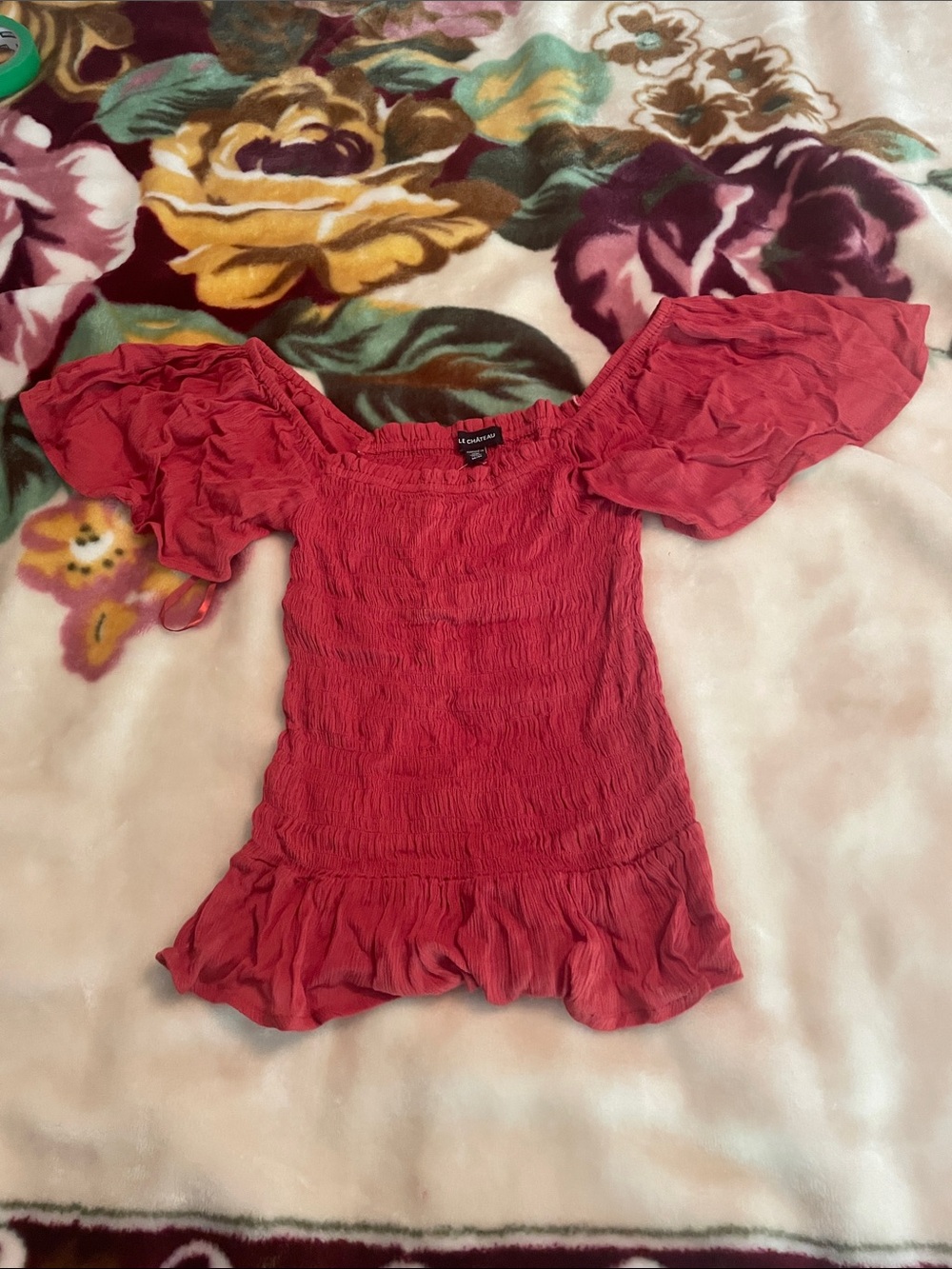 Le Chateau Red Smocked Off-Shoulder Top M/M